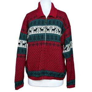 Vtg Alps 100% Wool Reindeer Sweater Full Zip Cardigan Womens XL Made in USA Red